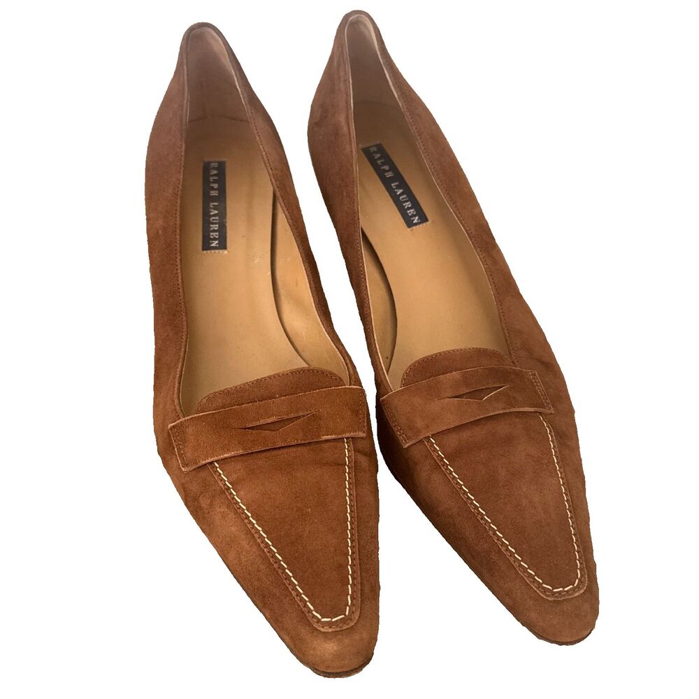 Ralph Lauren Italy Suede Penny Loafer KittenHeels Womens 8.5B Brown Pointed Toe